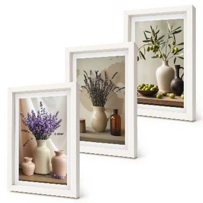 Framed triptych Lavender flowers, olives and ceramic vessels