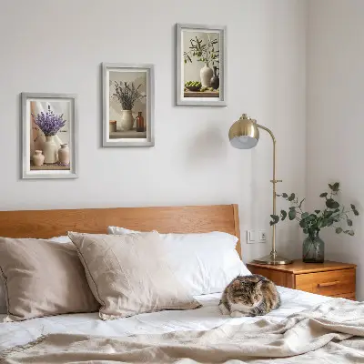 Lavender flowers, olives, and ceramic vessels triptych framed