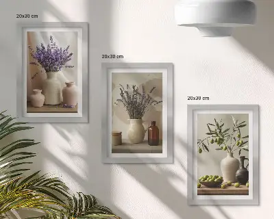 Lavender flowers, olives, and ceramic vessels triptych framed