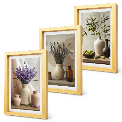 Framed triptych Lavender flowers, olives and ceramic vessels