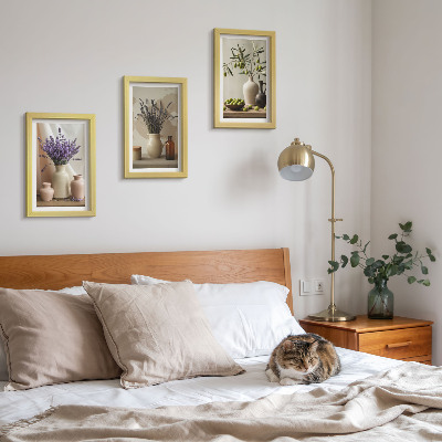 Framed triptych Lavender flowers, olives and ceramic vessels