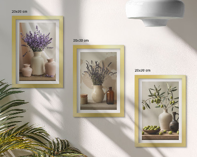 Framed triptych Lavender flowers, olives and ceramic vessels