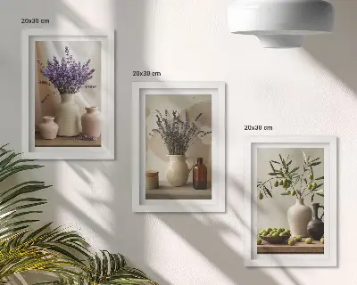 Lavender flowers, olives, and ceramic vessels triptych framed