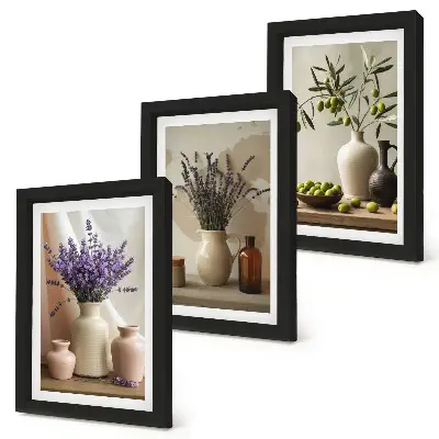 Lavender flowers, olives, and ceramic vessels triptych framed