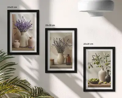 Lavender flowers, olives, and ceramic vessels triptych framed