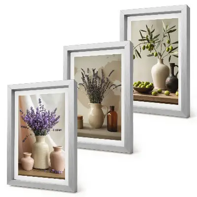 Lavender flowers, olives, and ceramic vessels triptych framed