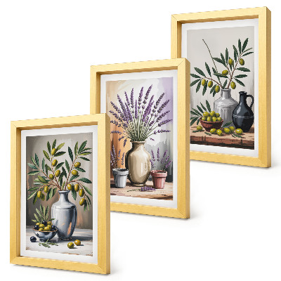 3-piece wall art set Flowers and olives in vases on a light background
