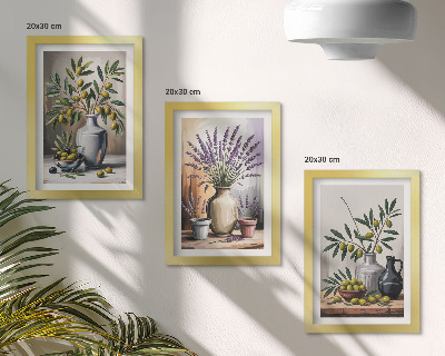3-piece wall art set Flowers and olives in vases on a light background