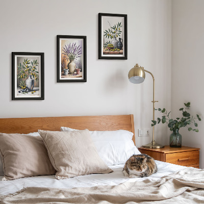 3-piece wall art set Flowers and olives in vases on a light background
