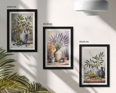 3-piece wall art set Flowers and olives in vases on a light background