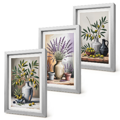 3-piece wall art set Flowers and olives in vases on a light background