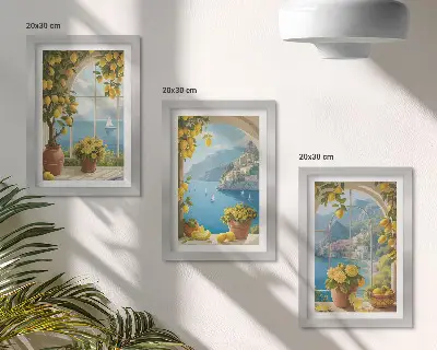 Seascapes with Italian lemons in the windows framed triptych