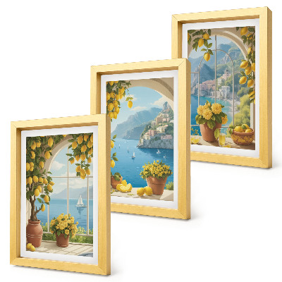 Framed triptych Seascapes with Italian lemons in the windows