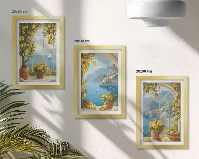 Seascapes with Italian lemons in the windows framed triptych
