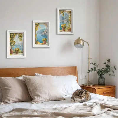 Seascapes with Italian lemons in the windows framed triptych