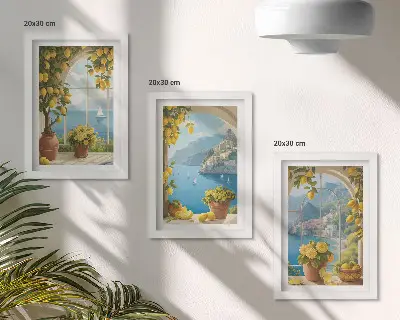 Seascapes with Italian lemons in the windows framed triptych