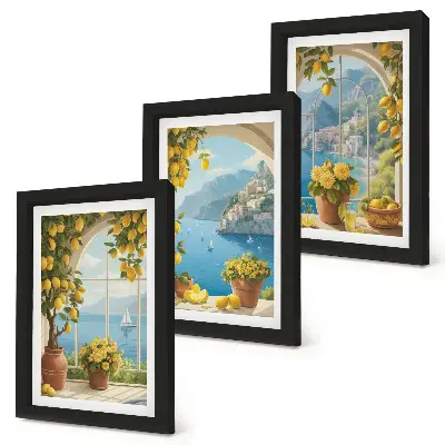 Seascapes with Italian lemons in the windows framed triptych