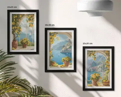Seascapes with Italian lemons in the windows framed triptych