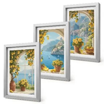 Seascapes with Italian lemons in the windows framed triptych