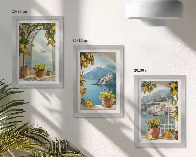 3-piece wall art set seaside town with lemons and potted flowers