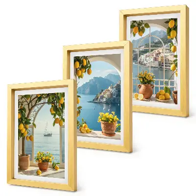 3-piece wall art set seaside town with lemons and potted flowers