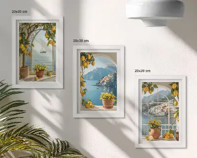3-piece wall art set seaside town with lemons and potted flowers