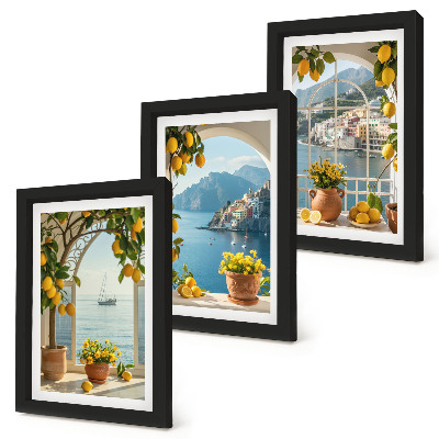 3-piece wall art set Seaside town lemons and flowers in pots
