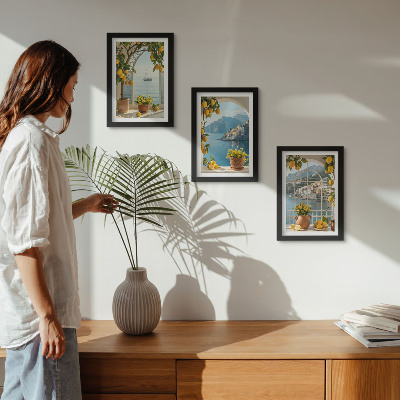 3-piece wall art set Seaside town lemons and flowers in pots