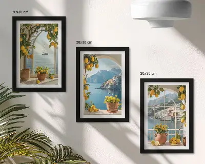 3-piece wall art set seaside town with lemons and potted flowers