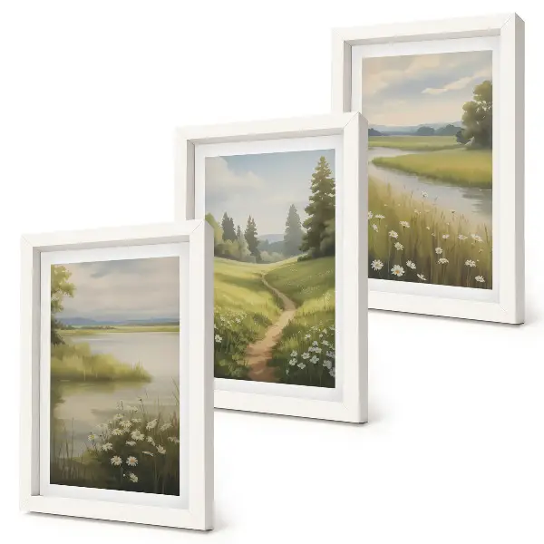 Photo frame wall spring landscape with a river path and a flower meadow