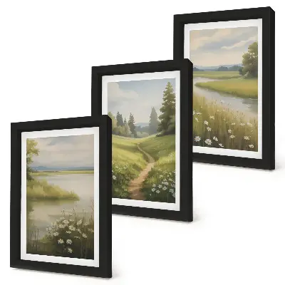 Photo frame wall spring landscape with a river path and a flower meadow