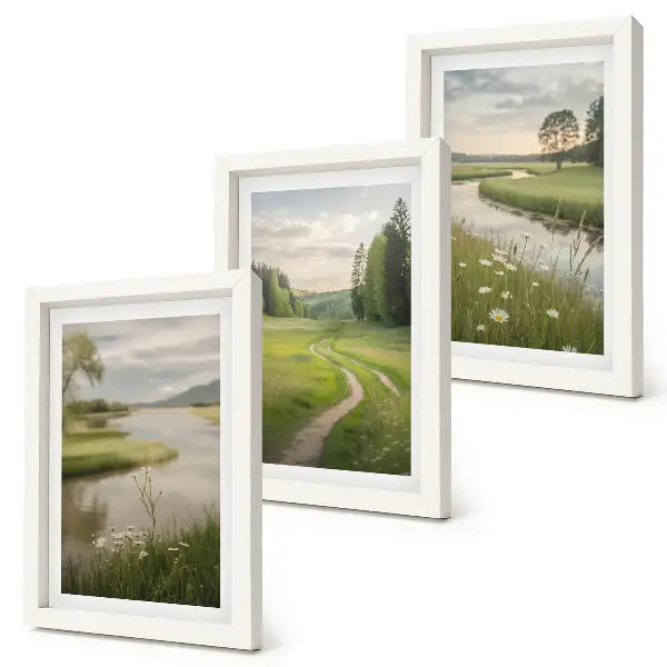 Peaceful summer landscapes with a river and a meadow of flowers framed triptych