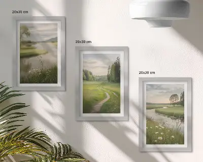 Peaceful summer landscapes with a river and a meadow of flowers framed triptych