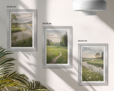Framed triptych Peaceful summer landscapes with a river and a meadow of flowers