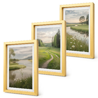 Framed triptych Peaceful summer landscapes with a river and a meadow of flowers