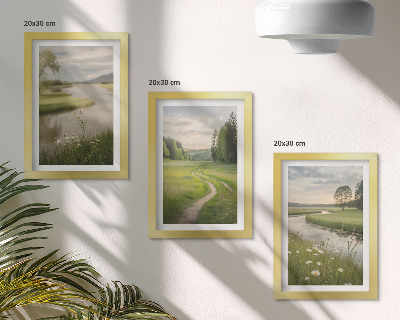 Framed triptych Peaceful summer landscapes with a river and a meadow of flowers