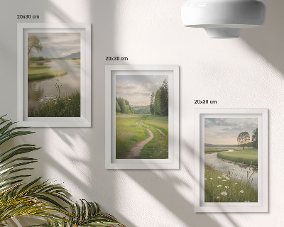 Framed triptych Peaceful summer landscapes with a river and a meadow of flowers