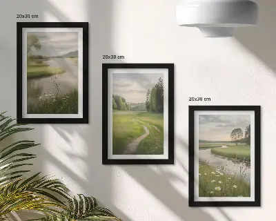 Peaceful summer landscapes with a river and a meadow of flowers framed triptych