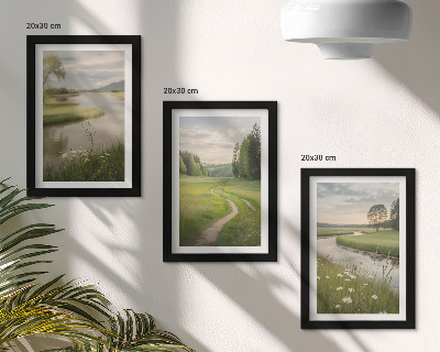 Framed triptych Peaceful summer landscapes with a river and a meadow of flowers