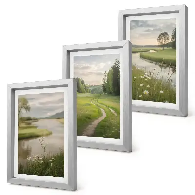 Peaceful summer landscapes with a river and a meadow of flowers framed triptych
