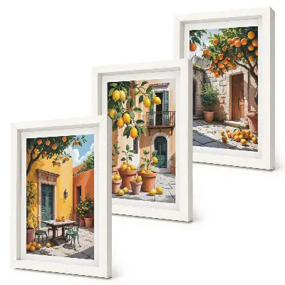 Citrus fruits in a sunny garden setting framed triptych