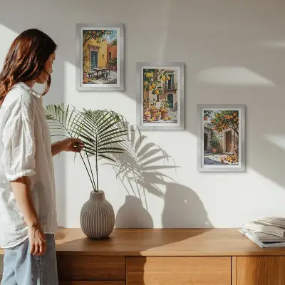 Citrus fruits in a sunny garden setting framed triptych