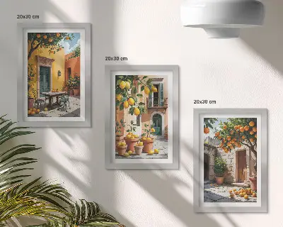 Citrus fruits in a sunny garden setting framed triptych