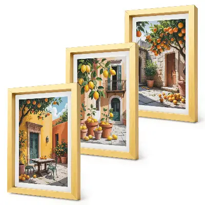 Citrus fruits in a sunny garden setting framed triptych