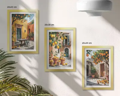 Citrus fruits in a sunny garden setting framed triptych