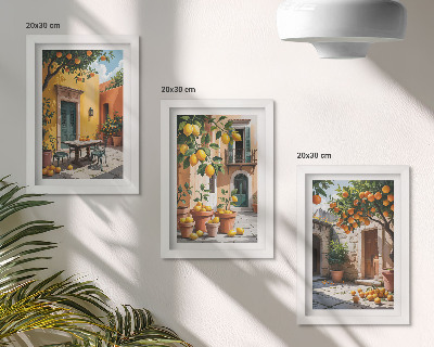 Framed triptych Citrus fruits in a sunny garden setting