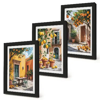 Citrus fruits in a sunny garden setting framed triptych