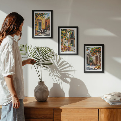 Framed triptych Citrus fruits in a sunny garden setting