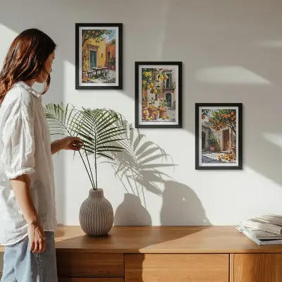 Citrus fruits in a sunny garden setting framed triptych