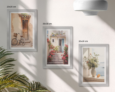 Framed triptych Charming seaside streets with flowers and bicycles